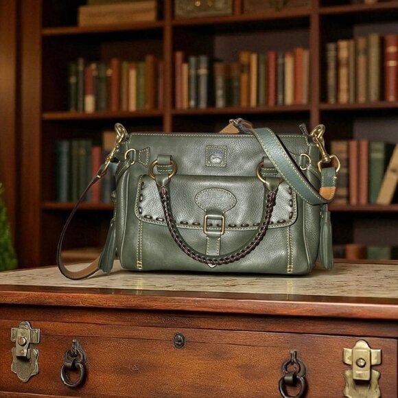 Dooney & Bourke Florentine Leather Medium Satchel Bag Green Tassel Crossbody - Picture 1 of 16